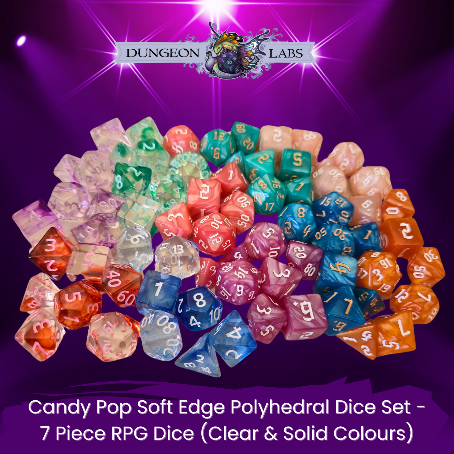 Candy Pop Soft Edge Polyhedral Dice Set - 7 Piece RPG Dice (Clear & Solid Colours)