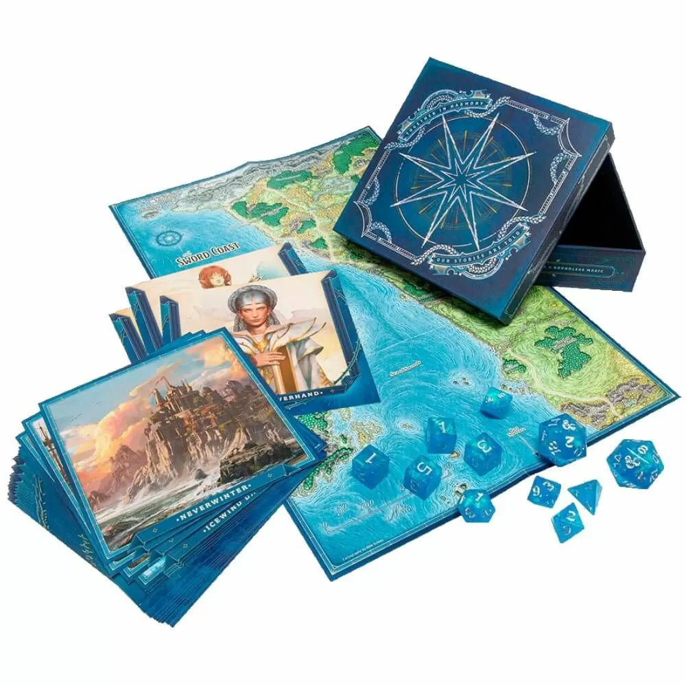 D&D Forgotten Realms Laeral Silverhand's Explorer's Kit including dice, lore cards, and foldout map of the Sword Coast and Waterdeep.