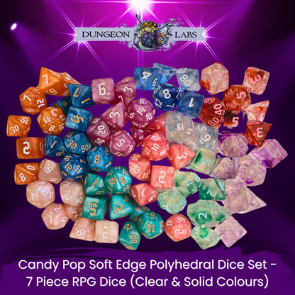 Candy Pop Soft Edge Polyhedral Dice Set - 7 Piece RPG Dice (Clear & Solid Colours)