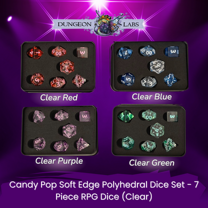 Candy Pop Soft Edge Polyhedral Dice Set - 7 Piece RPG Dice (Clear & Solid Colours)