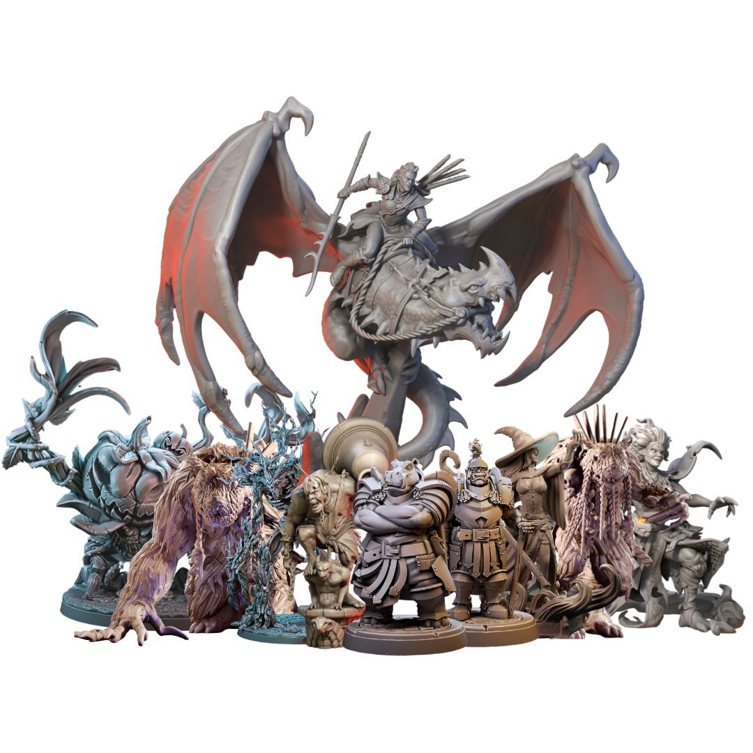 Assorted miniatures for the Mini Hoarder membership at DungeonLabs, showcasing a variety of fantasy characters and creatures for tabletop gaming.