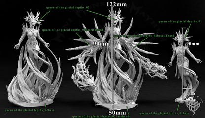 Queen of the Glacial Depths miniature, available in multiple poses and sizes, perfect for D&D and Icewind Dale campaigns.