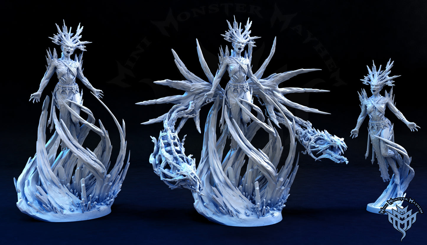 Queen of the Glacial Depths miniature, available in multiple poses and sizes, perfect for D&D and Icewind Dale campaigns.